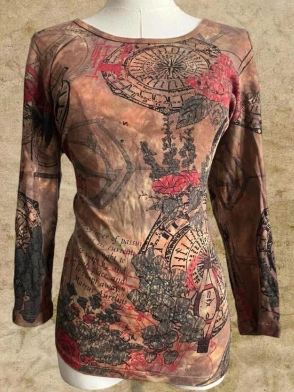Glima Y2K Floral Clock Print Long Sleeve Top